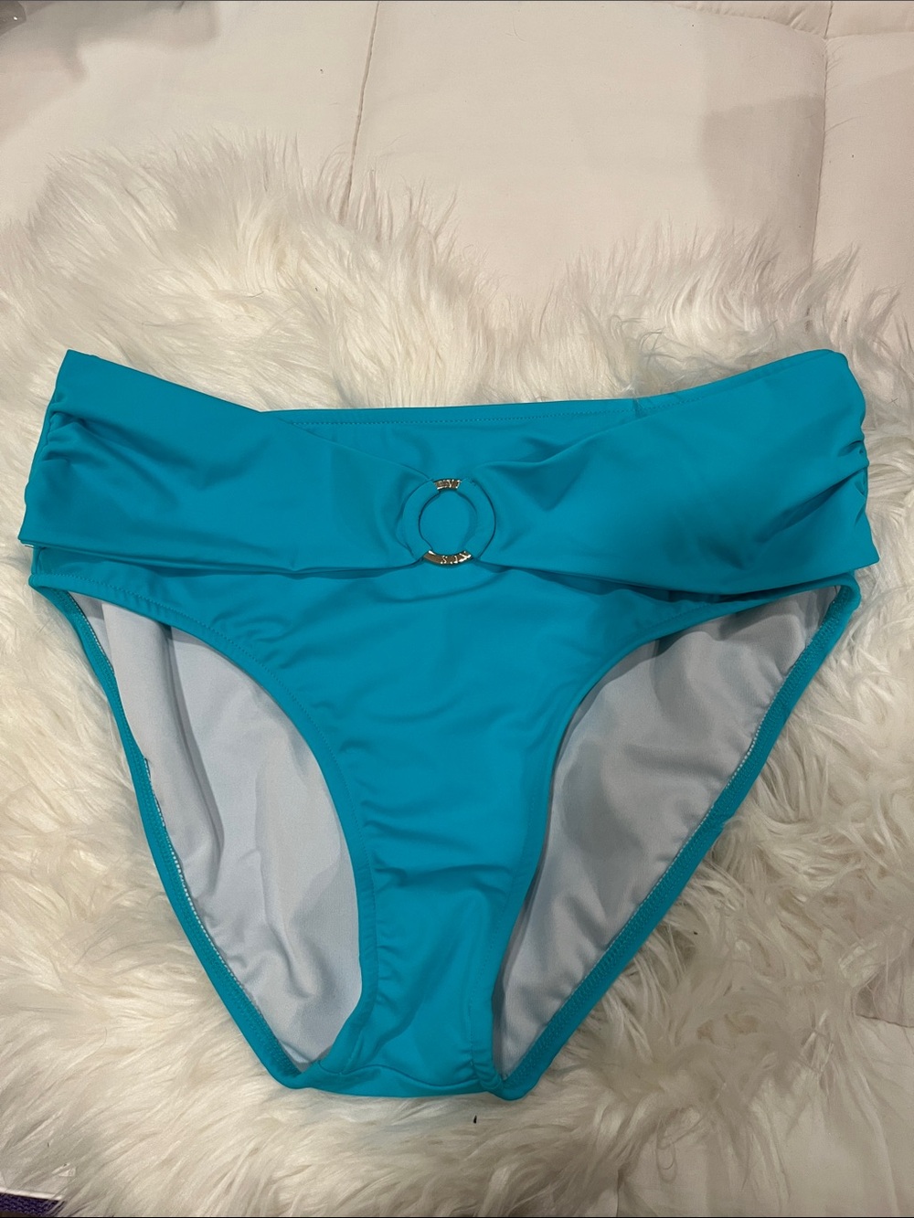 VENUS Turquoise Blue Fold-Over Mid Rise Bikini Bottom with Ring Accent